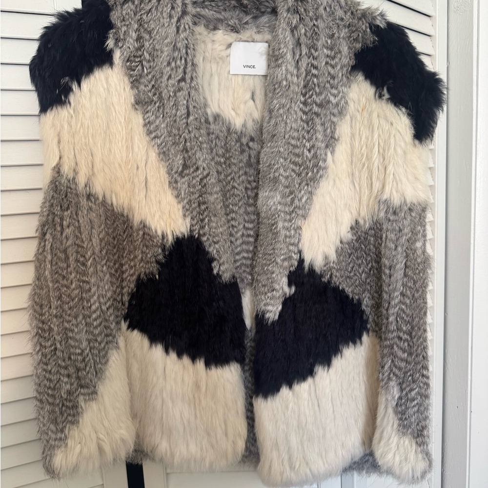 Vince Black, Gray, and Cream Genuine Fur Vest
